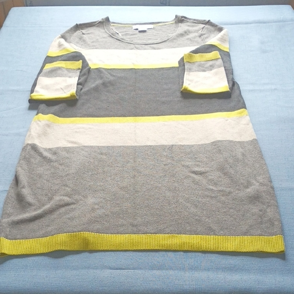 Chic Striped Women's Sweater Dress in Gray and Yellow
